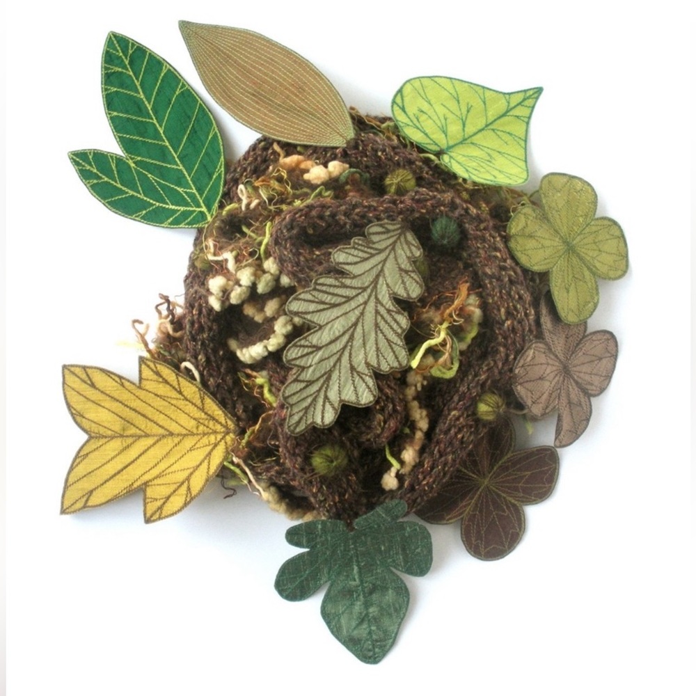Long scarf with embroidered leaves, berries